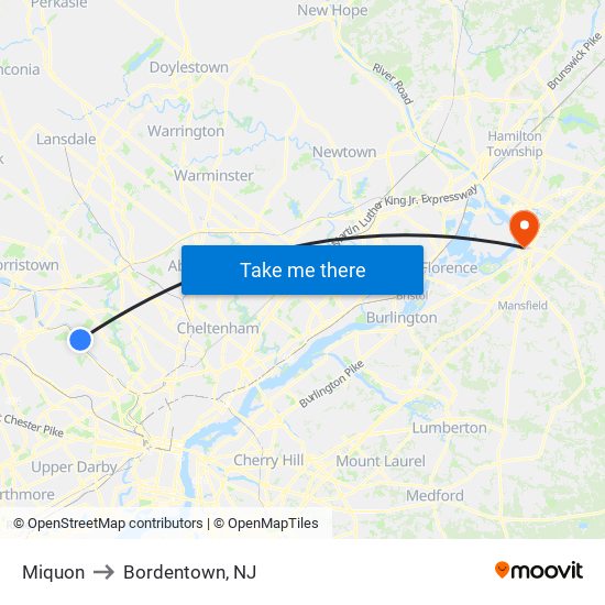 Miquon to Bordentown, NJ map
