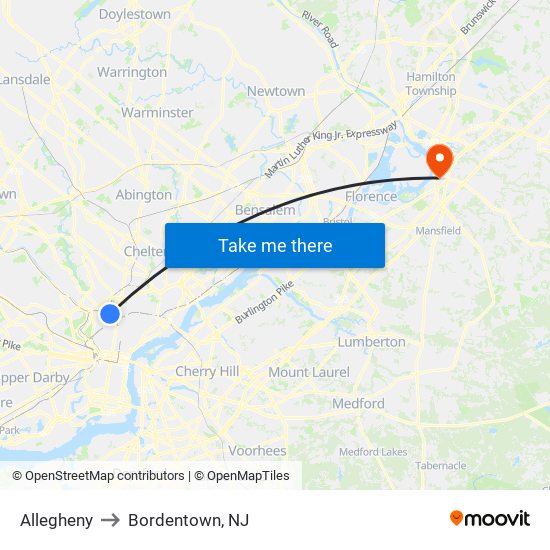 Allegheny to Bordentown, NJ map