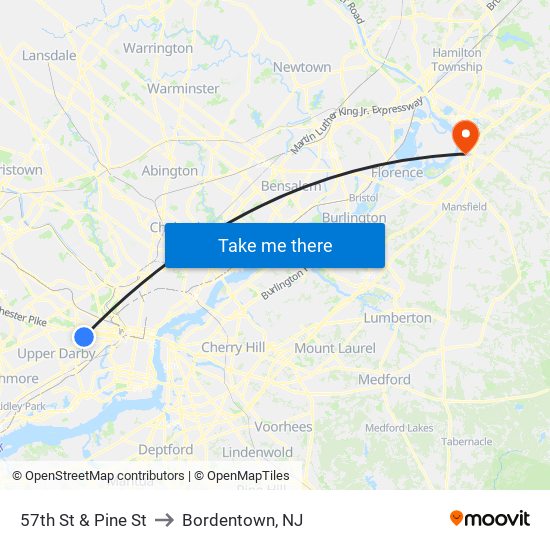 57th St & Pine St to Bordentown, NJ map