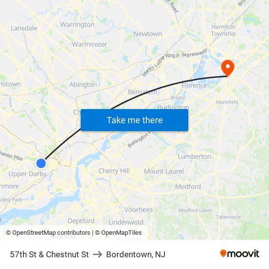 57th St & Chestnut St to Bordentown, NJ map