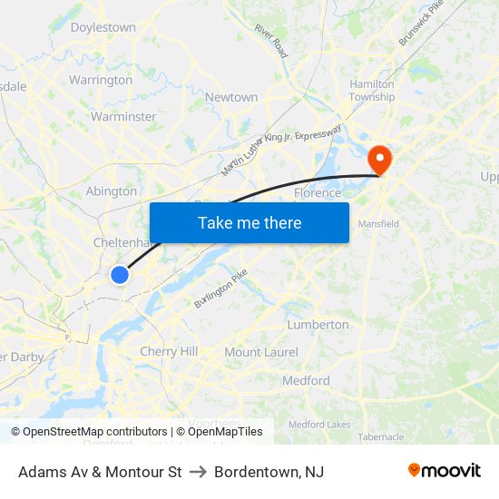 Adams Av & Montour St to Bordentown, NJ map