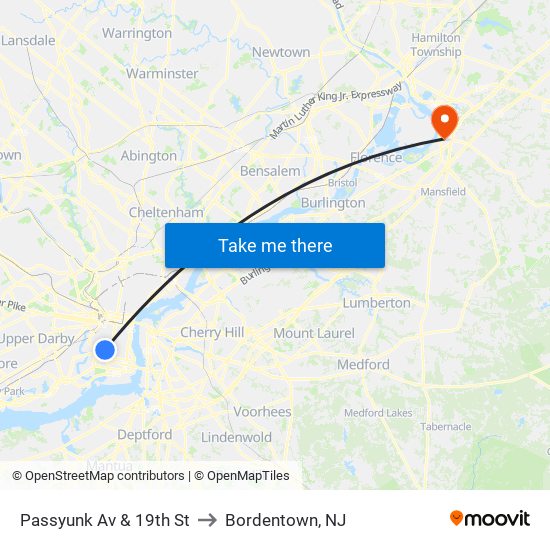 Passyunk Av & 19th St to Bordentown, NJ map