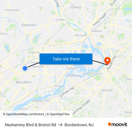 Neshaminy Blvd & Bristol Rd to Bordentown, NJ map