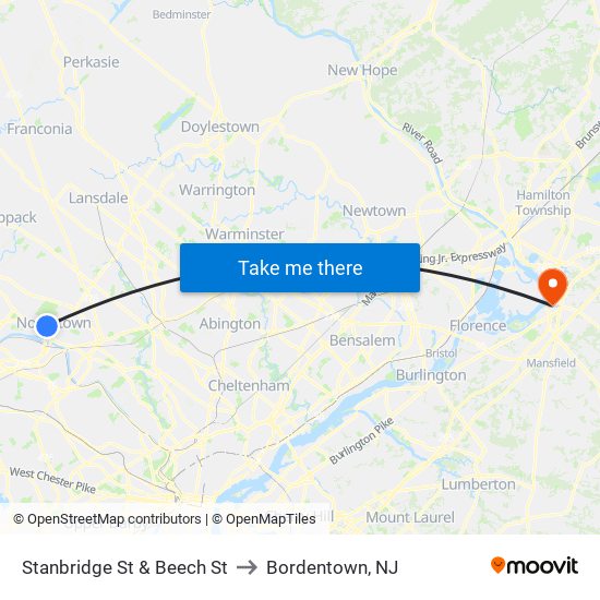 Stanbridge St & Beech St to Bordentown, NJ map