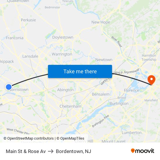 Main St & Rose Av to Bordentown, NJ map