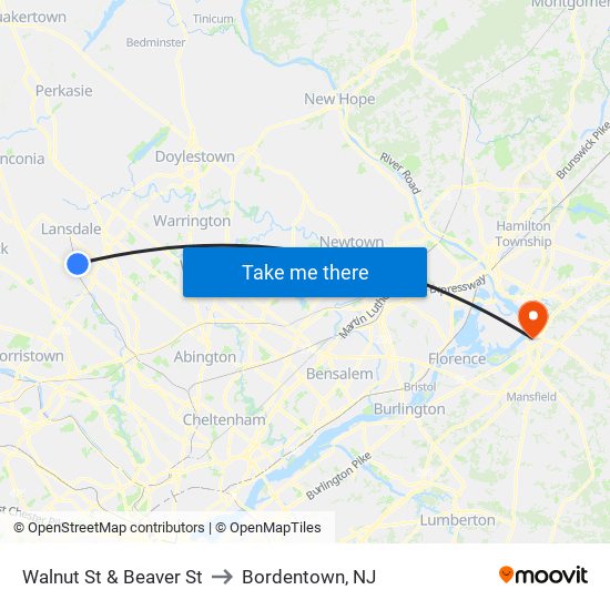 Walnut St & Beaver St to Bordentown, NJ map