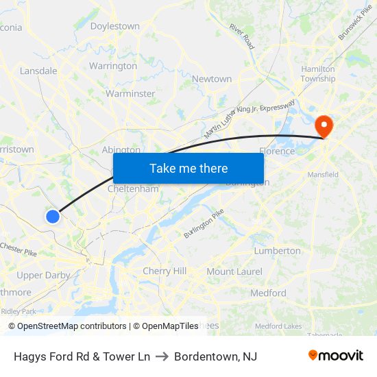 Hagys Ford Rd & Tower Ln to Bordentown, NJ map