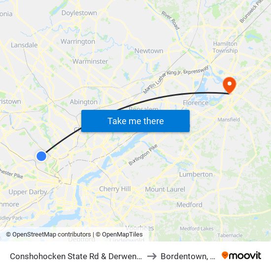 Conshohocken State Rd & Derwen Rd to Bordentown, NJ map