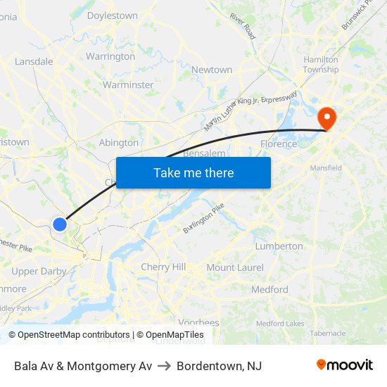 Bala Av & Montgomery Av to Bordentown, NJ map