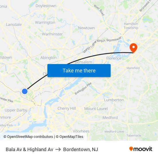 Bala Av & Highland Av to Bordentown, NJ map