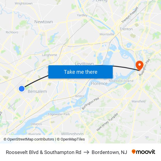 Roosevelt Blvd & Southampton Rd to Bordentown, NJ map