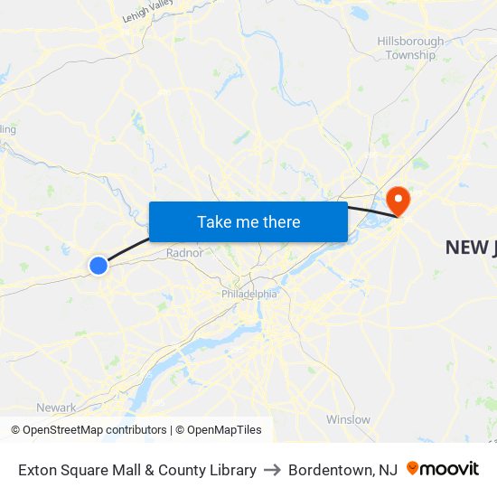 Exton Square Mall & County Library to Bordentown, NJ map