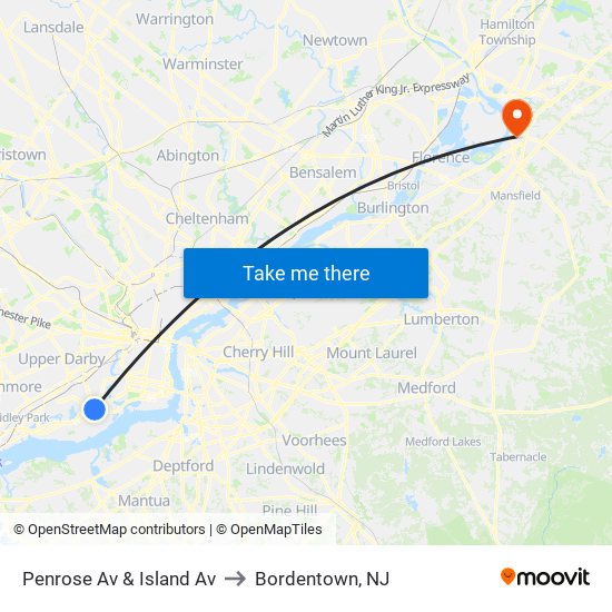 Penrose Av & Island Av to Bordentown, NJ map