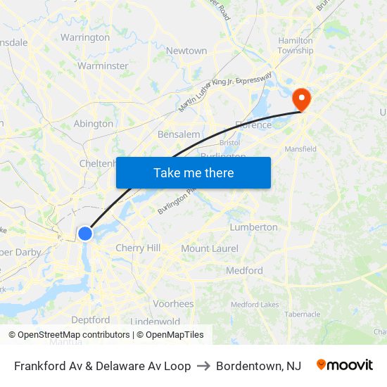 Frankford Av & Delaware Av Loop to Bordentown, NJ map