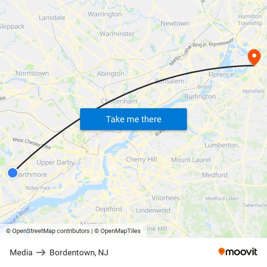 Media to Bordentown, NJ map