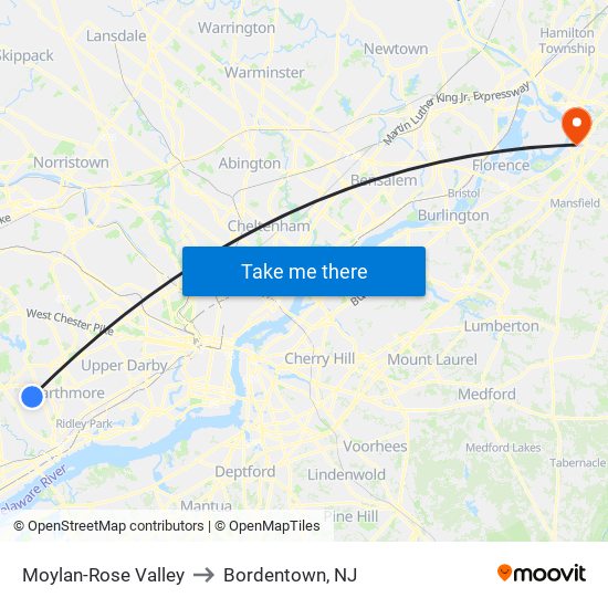 Moylan-Rose Valley to Bordentown, NJ map