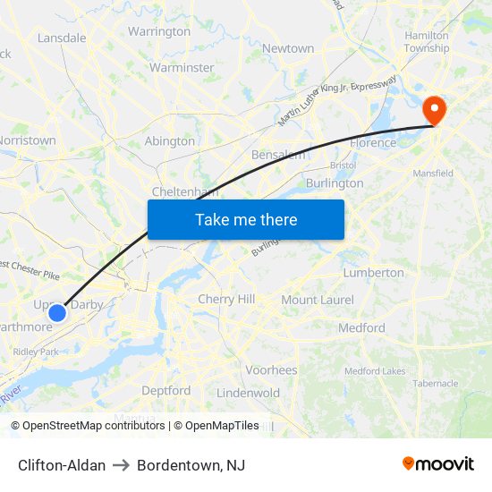 Clifton-Aldan to Bordentown, NJ map