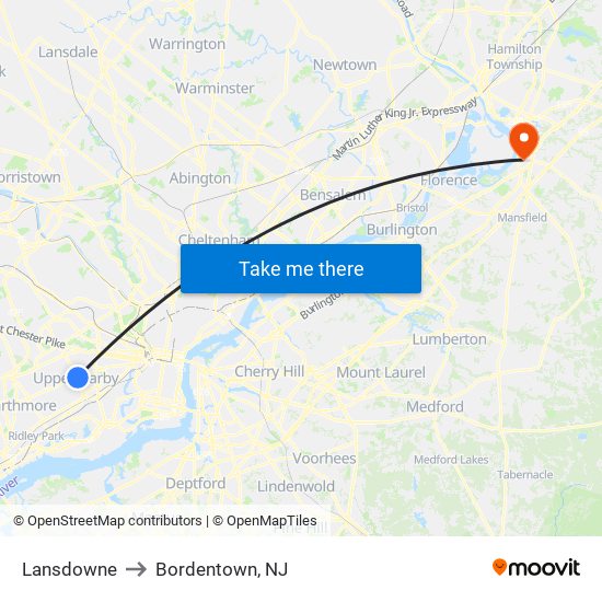 Lansdowne to Bordentown, NJ map