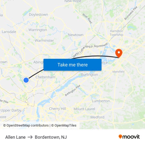 Allen Lane to Bordentown, NJ map