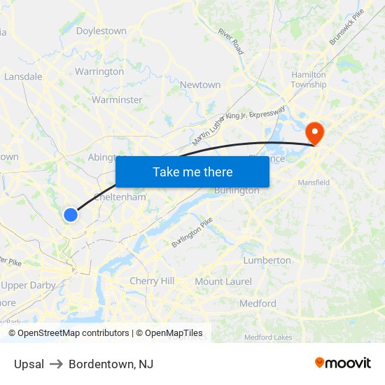 Upsal to Bordentown, NJ map