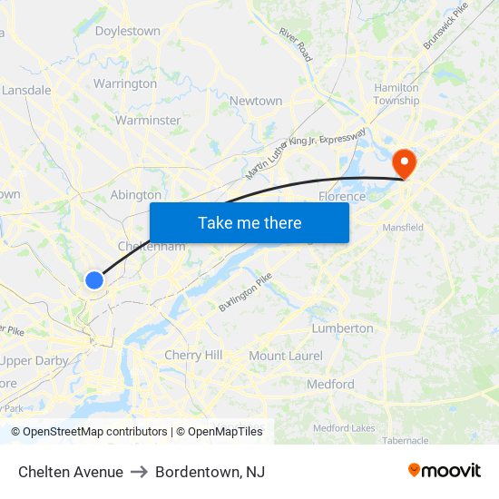 Chelten Avenue to Bordentown, NJ map