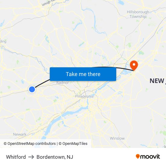 Whitford to Bordentown, NJ map