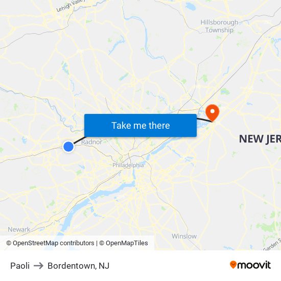 Paoli to Bordentown, NJ map