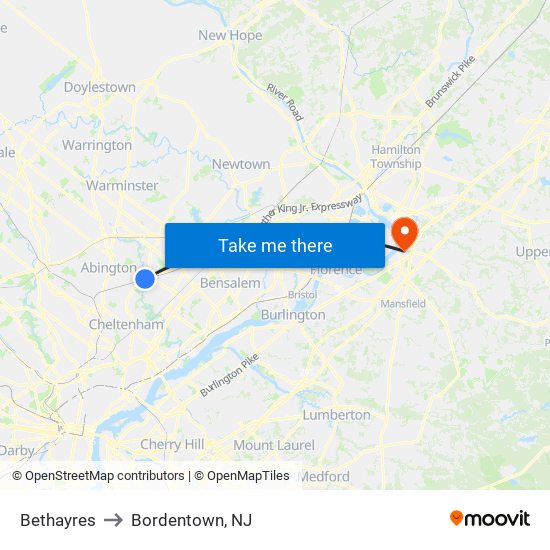 Bethayres to Bordentown, NJ map