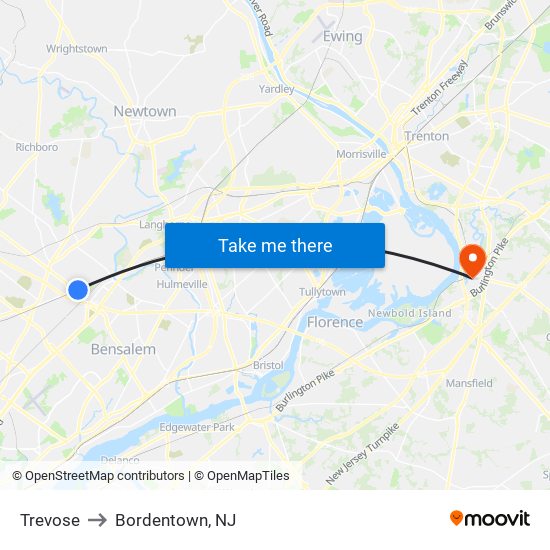 Trevose to Bordentown, NJ map