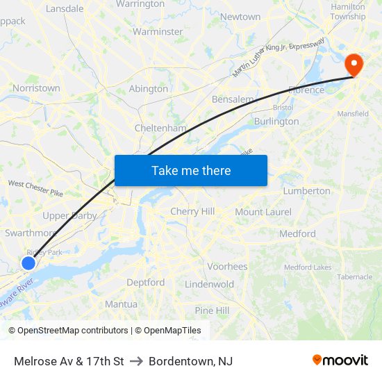 Melrose Av & 17th St to Bordentown, NJ map