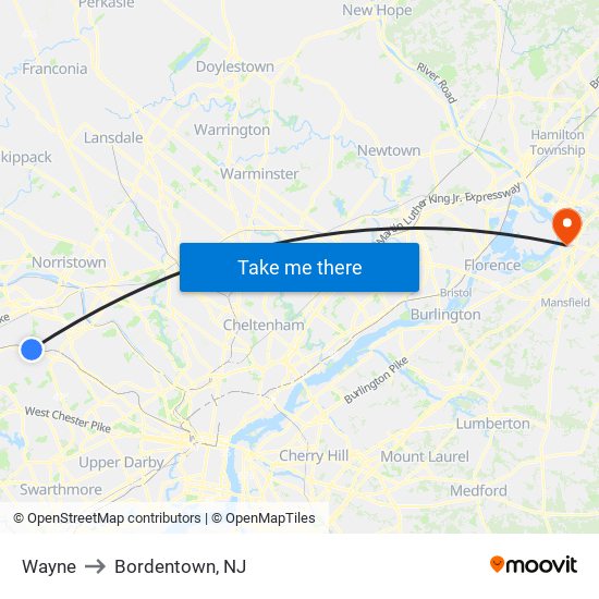 Wayne to Bordentown, NJ map