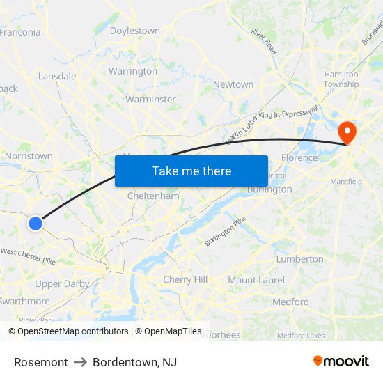 Rosemont to Bordentown, NJ map