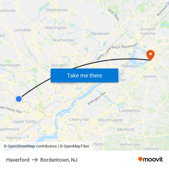 Haverford to Bordentown, NJ map