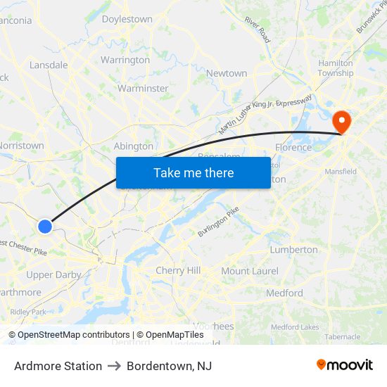 Ardmore Station to Bordentown, NJ map