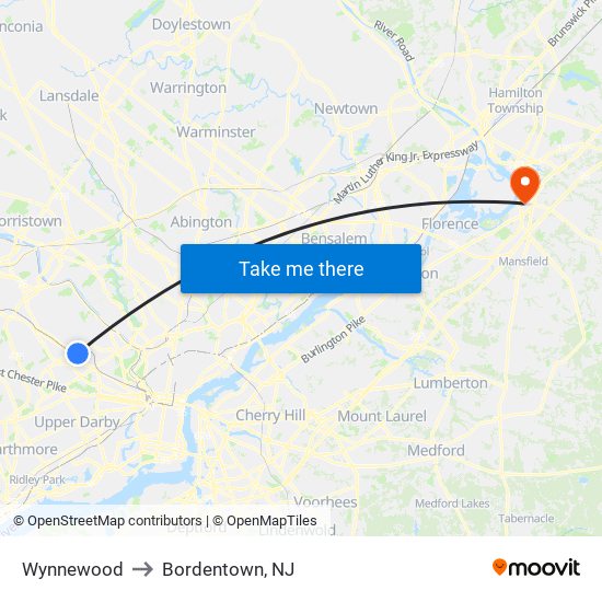 Wynnewood to Bordentown, NJ map