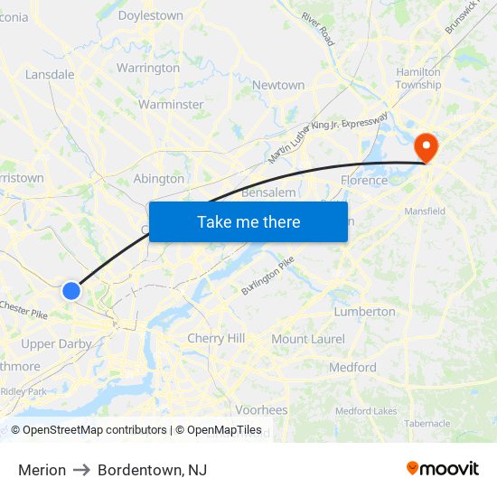 Merion to Bordentown, NJ map