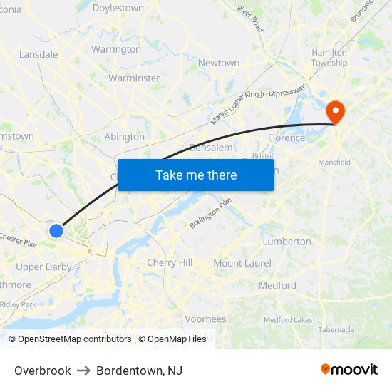 Overbrook to Bordentown, NJ map