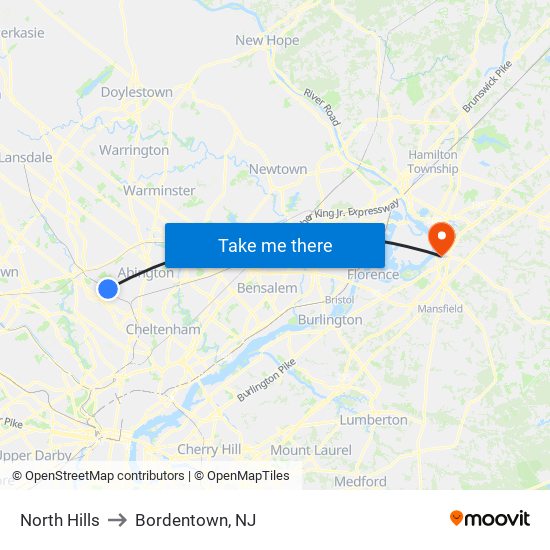 North Hills to Bordentown, NJ map