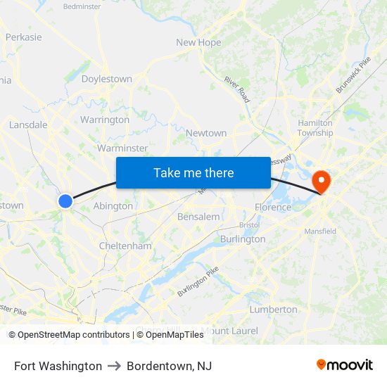 Fort Washington to Bordentown, NJ map