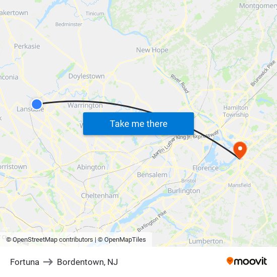 Fortuna to Bordentown, NJ map