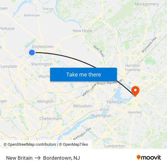 New Britain to Bordentown, NJ map