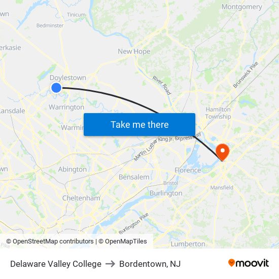 Delaware Valley College to Bordentown, NJ map