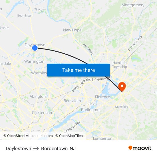 Doylestown to Bordentown, NJ map