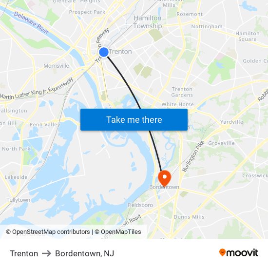 Trenton to Bordentown, NJ map