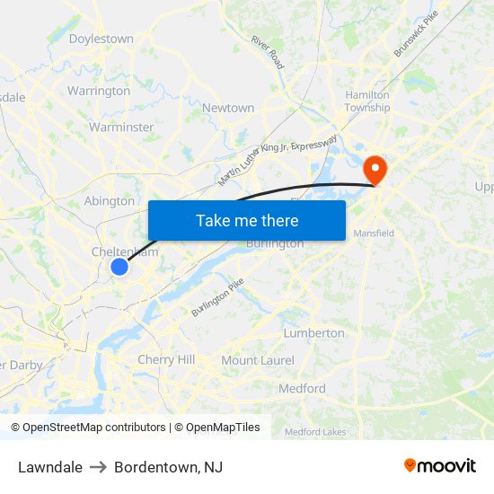 Lawndale to Bordentown, NJ map