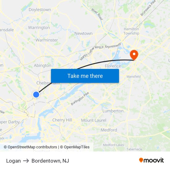 Logan to Bordentown, NJ map