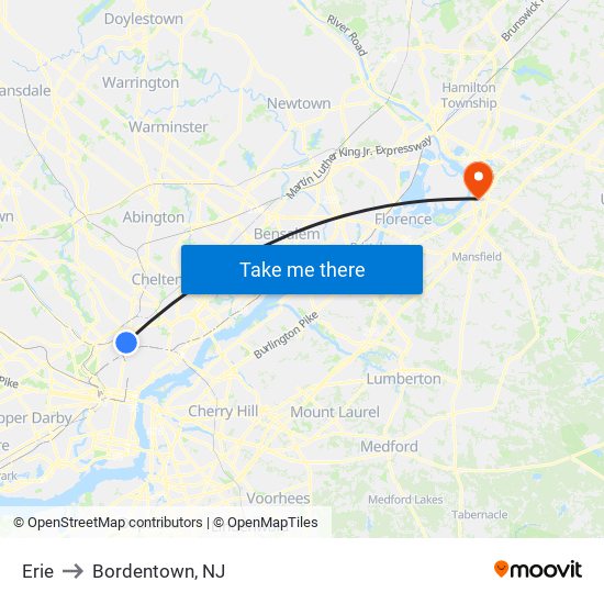 Erie to Bordentown, NJ map