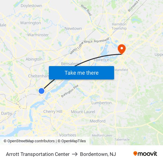 Arrott Transportation Center to Bordentown, NJ map
