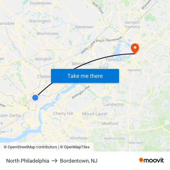 North Philadelphia to Bordentown, NJ map