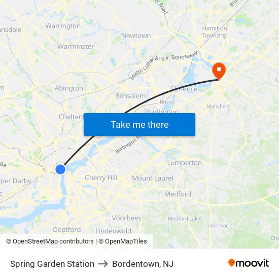 Spring Garden Station to Bordentown, NJ map